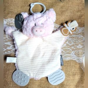 Demdaco plush pig teether buddy, also pacifier holder-pink